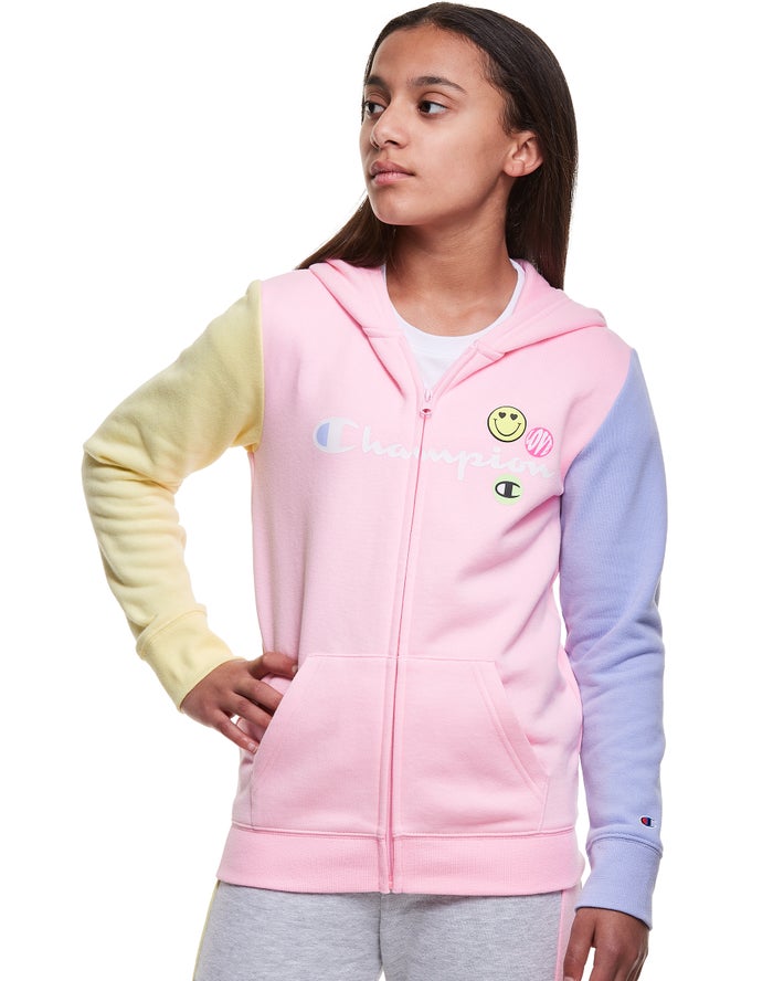 Champion Colorblock Fleece Full Zip Smiley Face - Tytön Pinkki/Sininen/Keltainen Huppari - Suomi 459